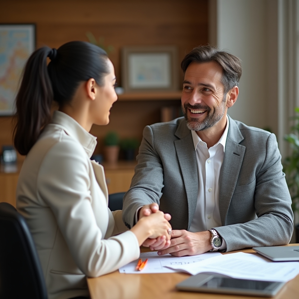 Two professionals shaking hands in a small consultancy office