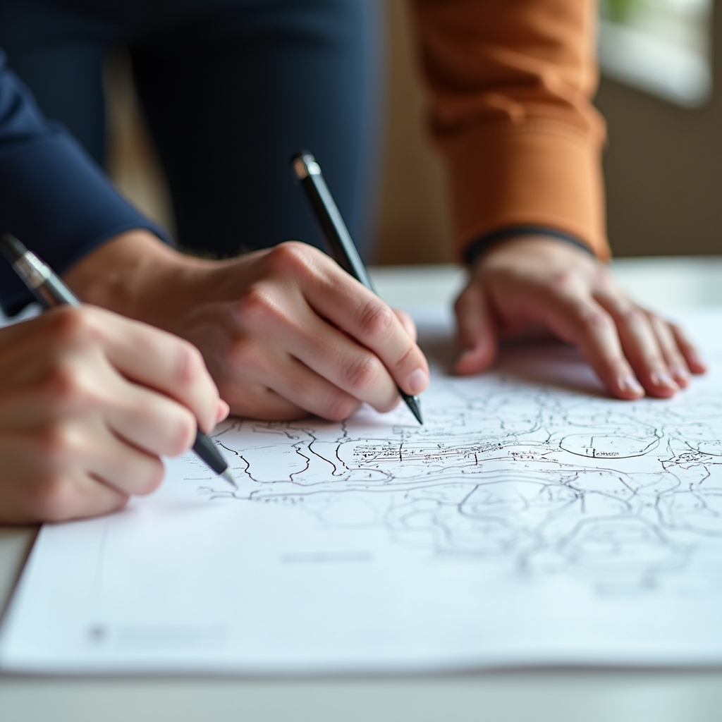 Close-up of two people reviewing a printed root-cause map on a table
