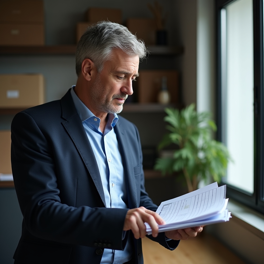 Founder of Padusi standing in an office reviewing logistics documents