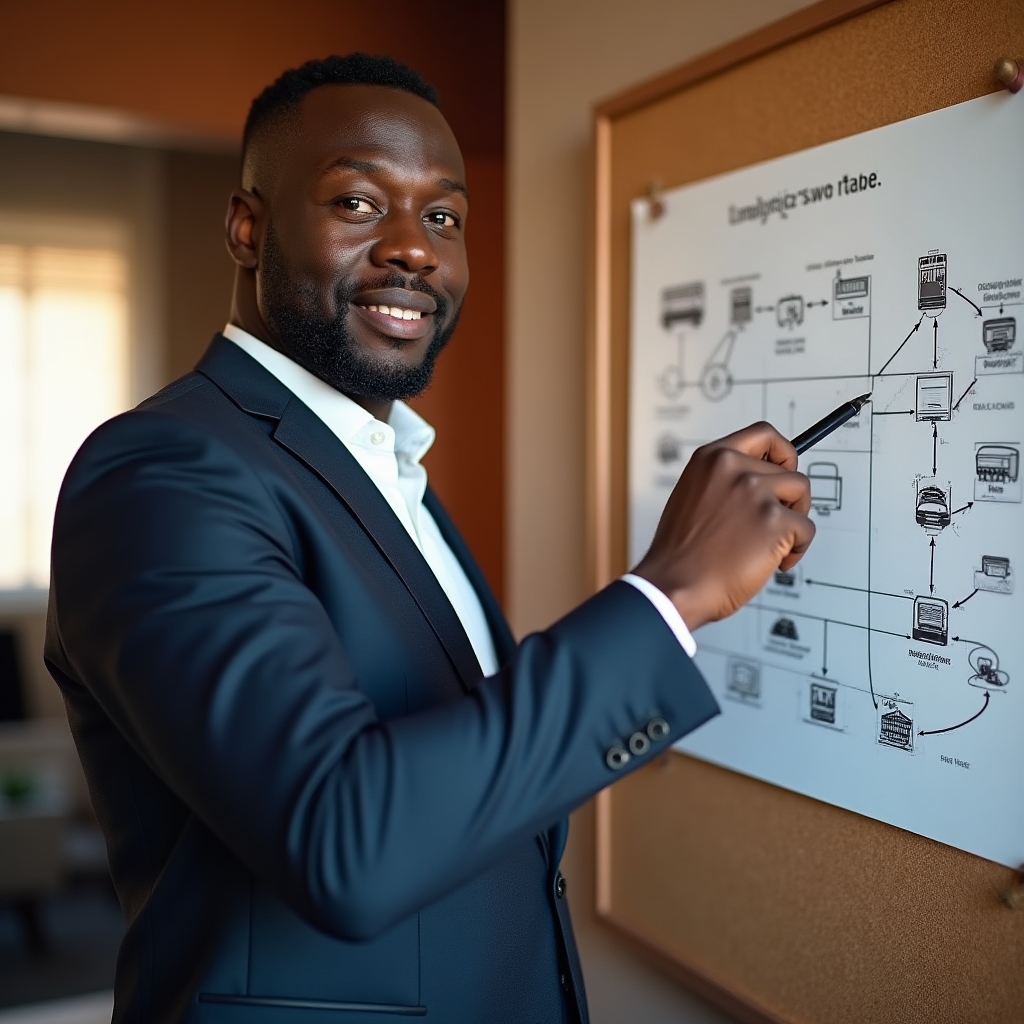 Consultant pointing at a printed logistics flow map during a review session